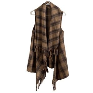 Entro Fringe Sleeveless Vest in Brown Plaid -Size Small